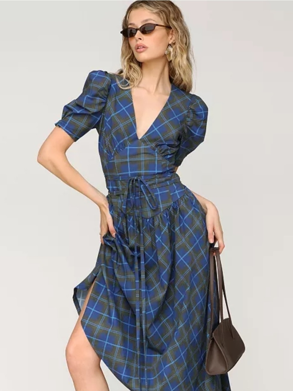 NWT Avec Les Filles Plaid Puff Sleeve Tie Belt Midi Dress - Size 12